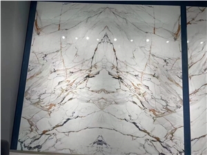 Golden White Book Matched Feature Glossy Sintered Stone