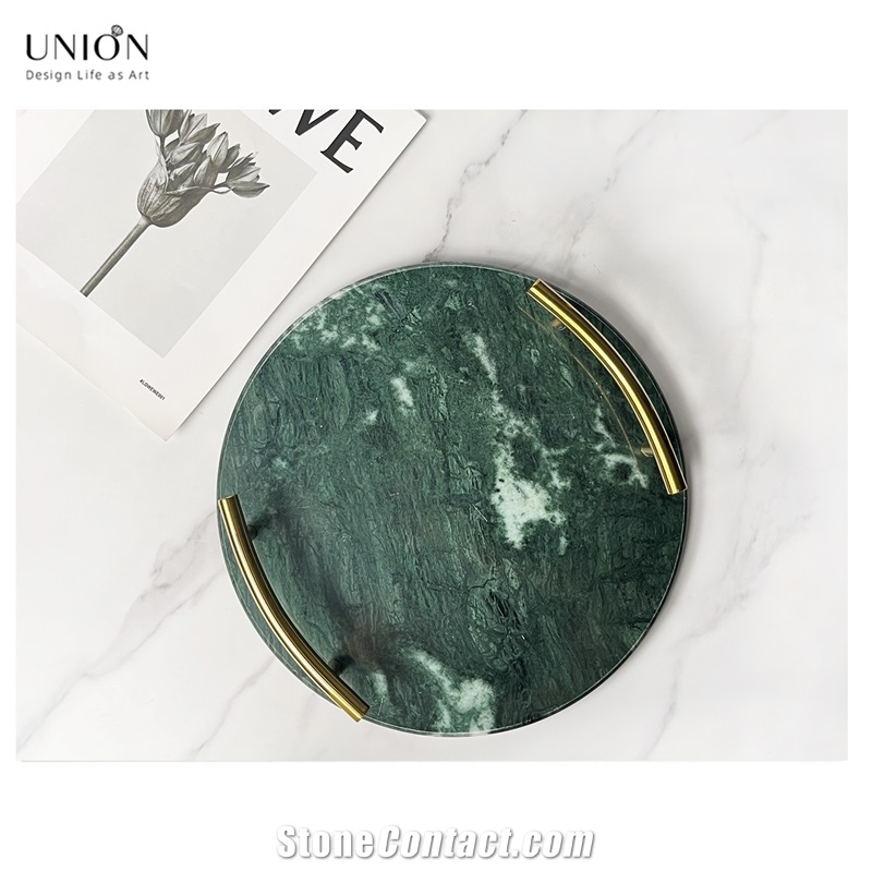 UNION DECO Circular Marble Stone Tray With Golden Handles