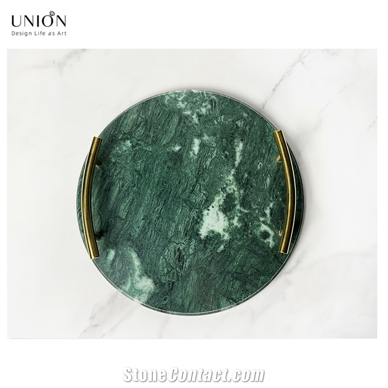 UNION DECO Circular Marble Stone Tray With Golden Handles