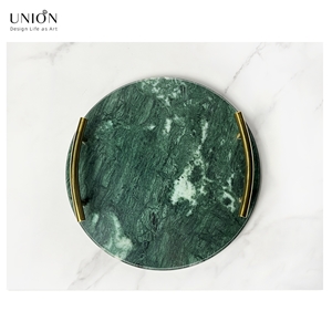 UNION DECO Circular Marble Stone Tray With Golden Handles