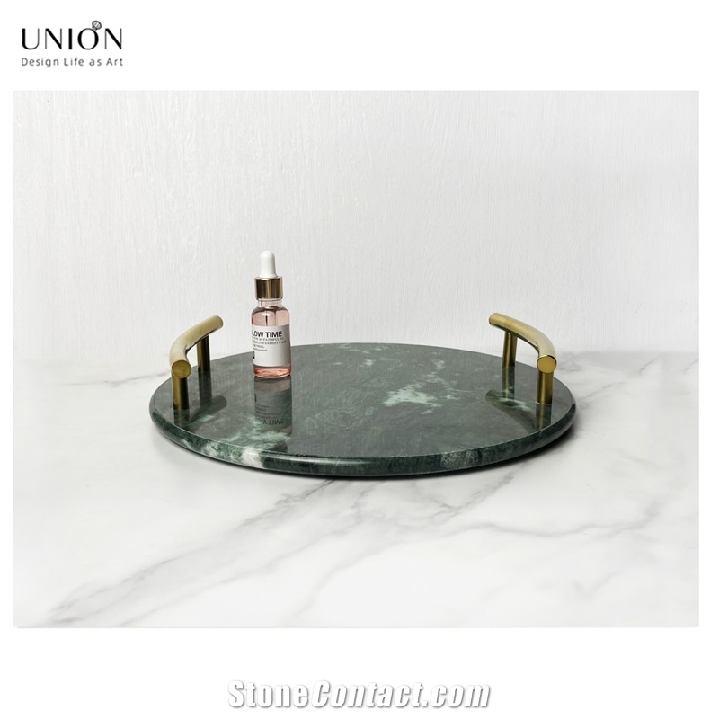 UNION DECO Circular Marble Stone Tray With Golden Handles