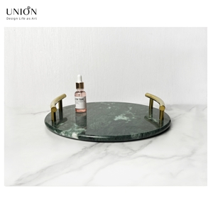 UNION DECO Circular Marble Stone Tray With Golden Handles