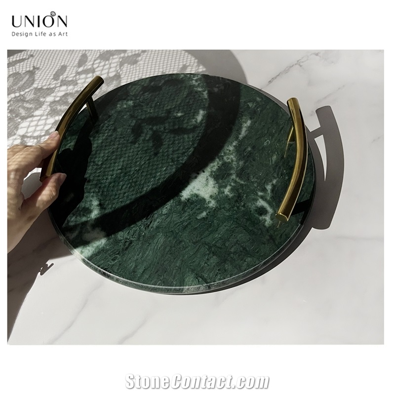 UNION DECO Circular Marble Stone Tray With Golden Handles