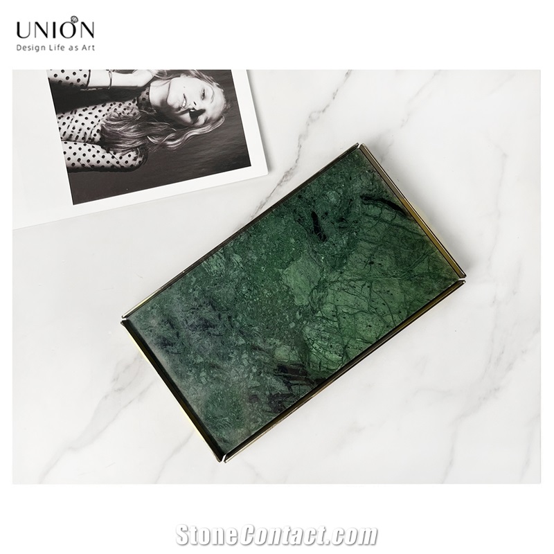 UNION DECO Green Marble Rectangular Tray With Gold Holder