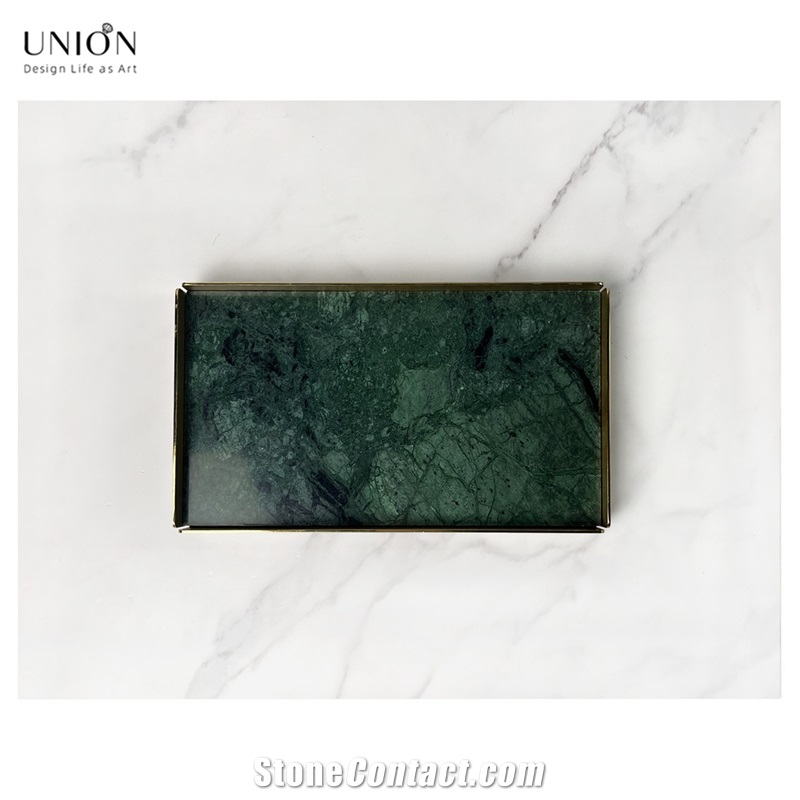 UNION DECO Green Marble Rectangular Tray With Gold Holder