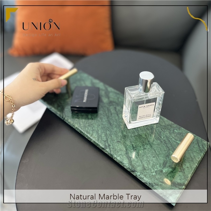 UNION DECO Natural Green Marble Tray With Golden Handle
