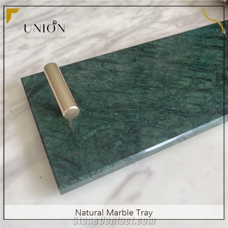 UNION DECO Natural Green Marble Tray With Golden Handle