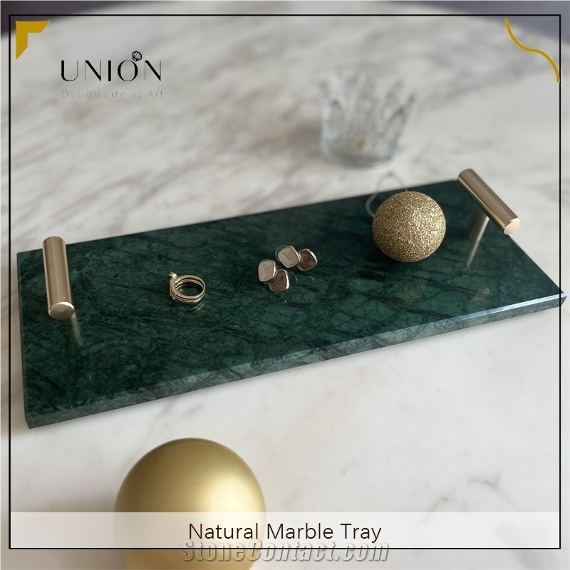 UNION DECO Natural Green Marble Tray With Golden Handle