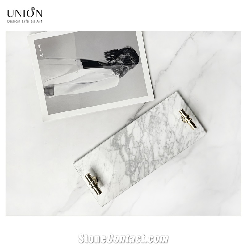 UNION DECO White Tray With Gold Handles Real Marble Tray