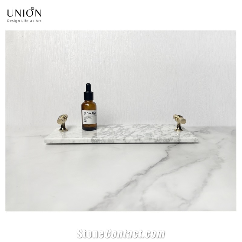 UNION DECO White Tray With Gold Handles Real Marble Tray