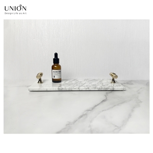 UNION DECO White Tray With Gold Handles Real Marble Tray