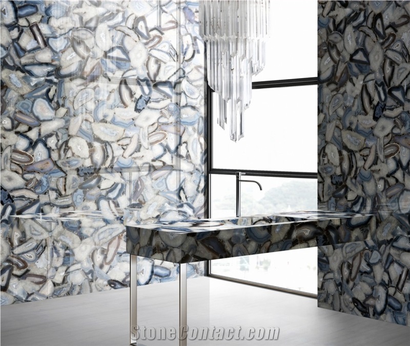 Agate Grey Semiprecious Stone Custom Bath Top, Bath Wall