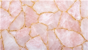 Quartz Pink With Gold Semiprecious Stone Panels