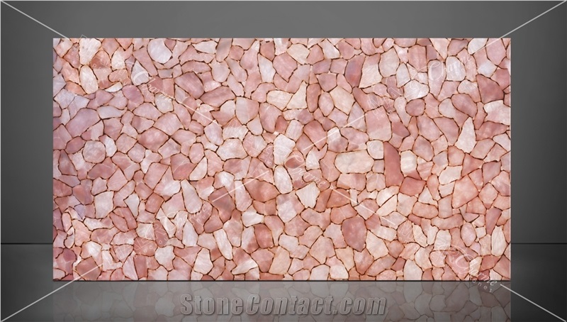 Quartz Pink With Gold Semiprecious Stone Panels