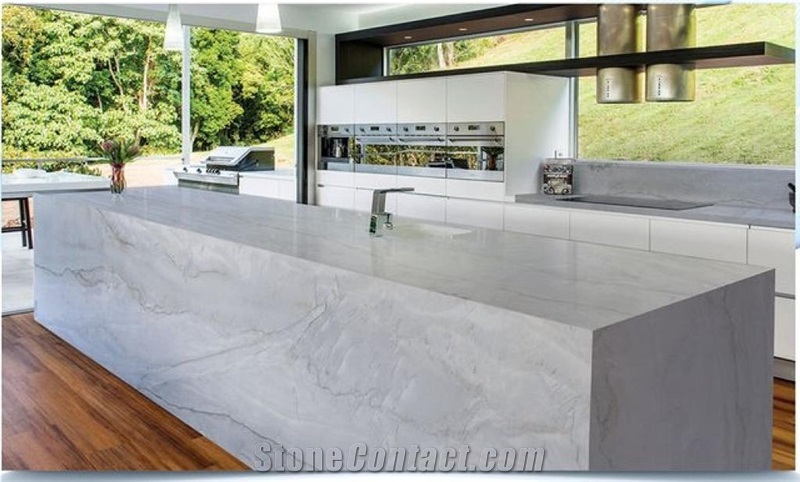 Silver Moon Quartzite Slabs, White Santorini Quartzite