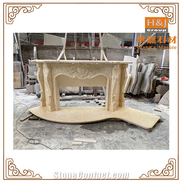 Custom Beige Marble  Flower Handcarved Fireplace Mantel