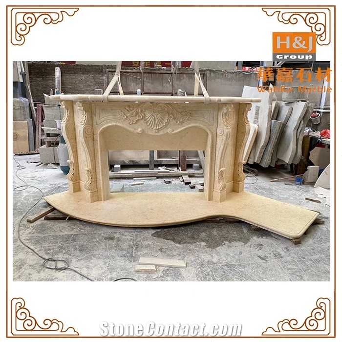 Custom Beige Marble  Flower Handcarved Fireplace Mantel
