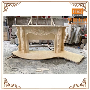 Custom Beige Marble  Flower Handcarved Fireplace Mantel