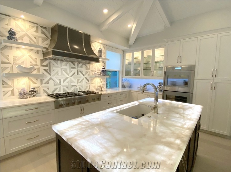 Translucent White Cristallo Quartzite Kitchen Top Island