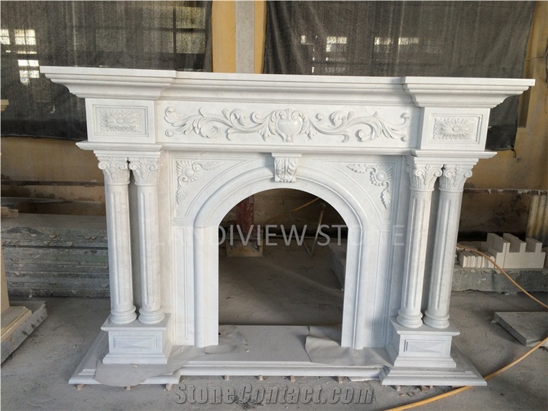 White Limestone Modern Style Living Room Fireplace Mantel
