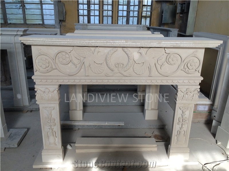 White Limestone Modern Style Living Room Fireplace Mantel