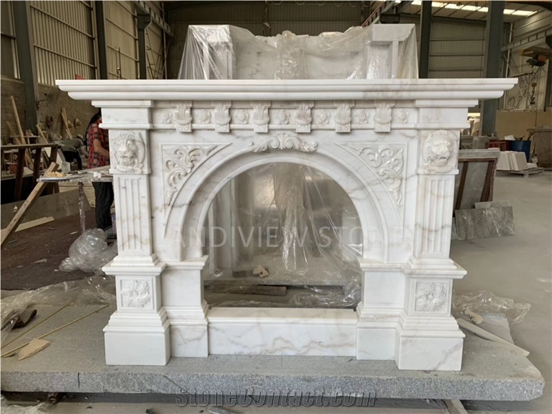 White Limestone Modern Style Living Room Fireplace Mantel