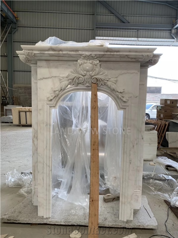 White Limestone Modern Style Living Room Fireplace Mantel