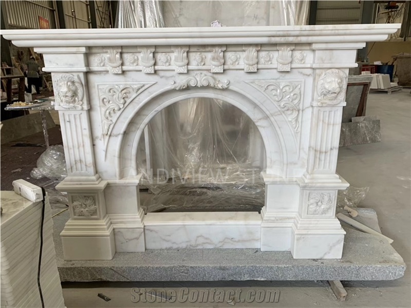 White Limestone Modern Style Living Room Fireplace Mantel