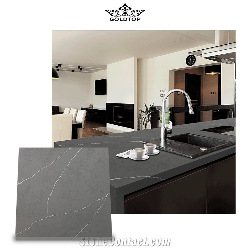 Artificial Quartz Grey With White Line For Kitchen