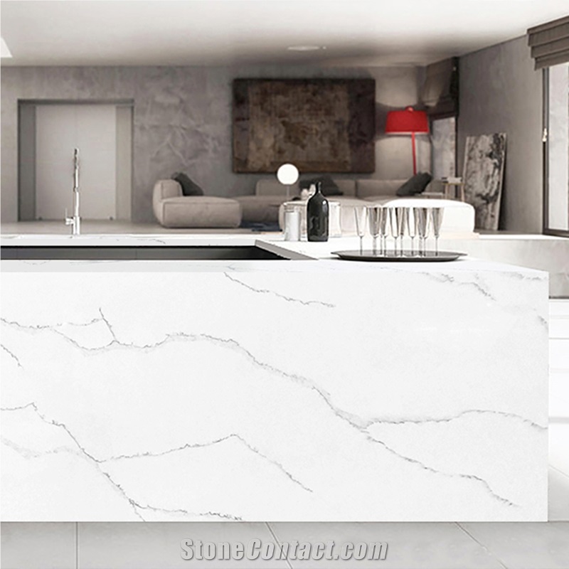 Calacatta Quartz White Slabs With Wave Veins Kitchen