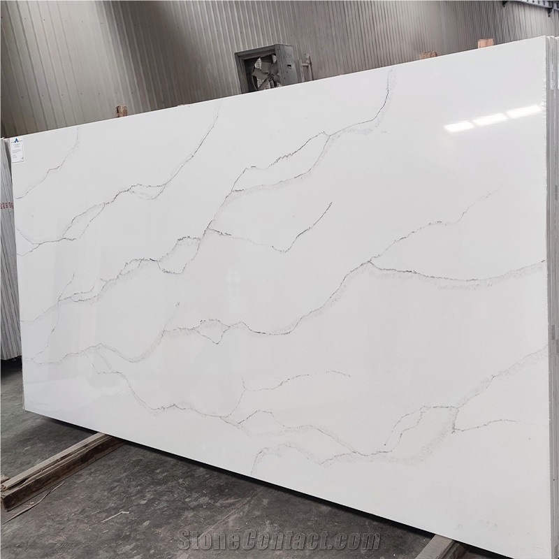 Calacatta Quartz White Slabs With Wave Veins Kitchen