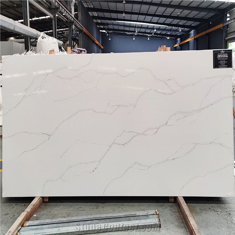 Calacatta Quartz White Slabs With Wave Veins Kitchen