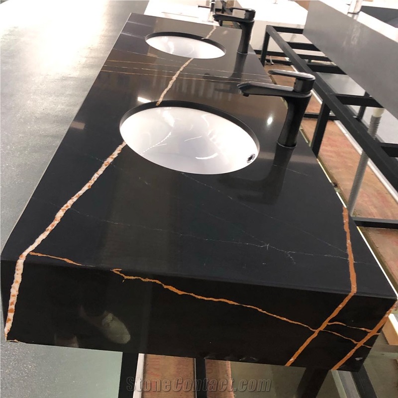 Lauren Gold And Black Quartz Stone Slabs Tiles For Interior