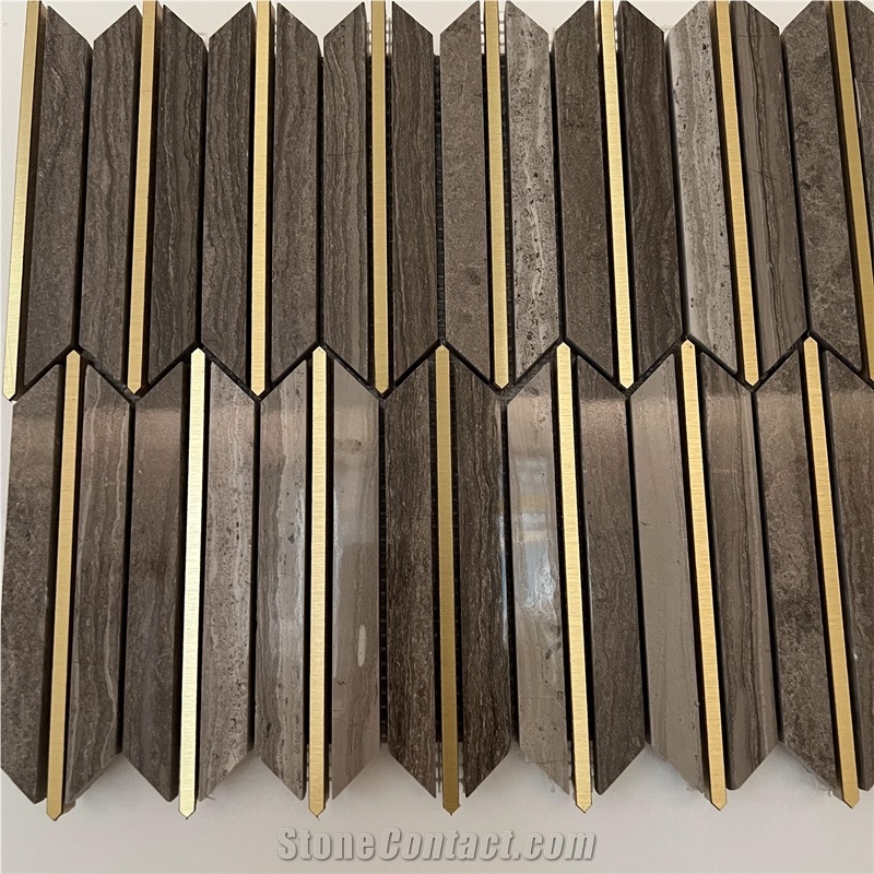 New Design Wooden Grey Marble Inlay Brass Mosaic Tiles