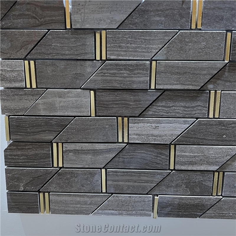 New Design Wooden Grey Marble Inlay Brass Mosaic Tiles