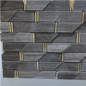 New Design Wooden Grey Marble Inlay Brass Mosaic Tiles