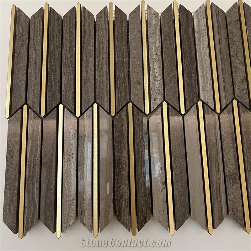 New Design Wooden Grey Marble Inlay Brass Mosaic Tiles