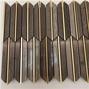 New Design Wooden Grey Marble Inlay Brass Mosaic Tiles