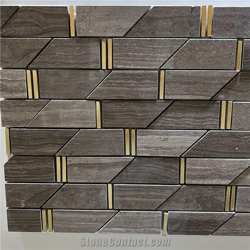 New Design Wooden Grey Marble Inlay Brass Mosaic Tiles