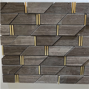New Design Wooden Grey Marble Inlay Brass Mosaic Tiles