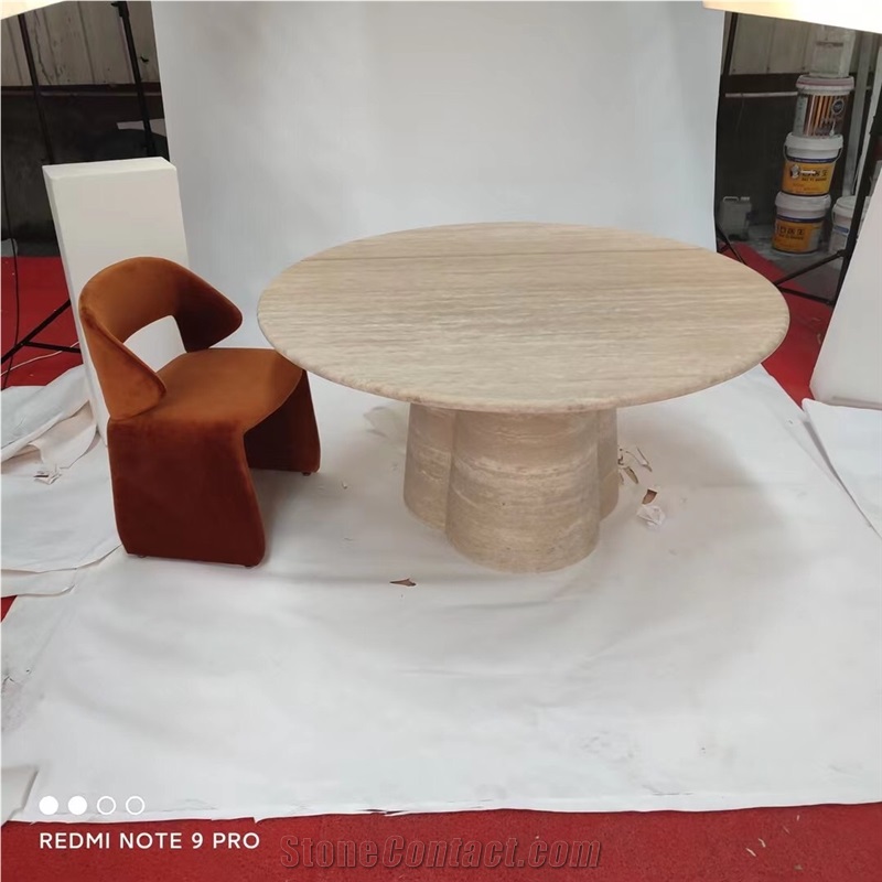 Amara Round Travertine Art Coffee Table With 3-Sphere Base