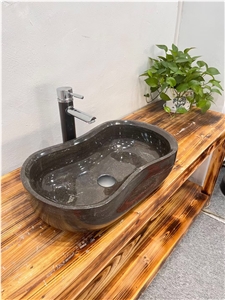Blue Limestone Vessel Sink Carved Stone Oval Art Wash Basin