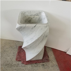 Carved Stone Pedestal Wash Basin Marble Carrara Square Sink
