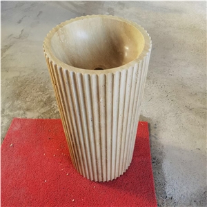 Stone Pedestal Wash Basin Fluted Beige Travertine Round Sink