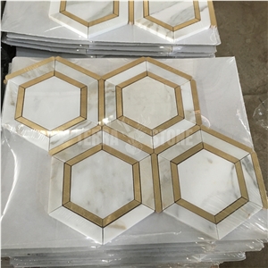 Calacatta Gold Hexagon Marble Mosaic Tile With Brass Inlay