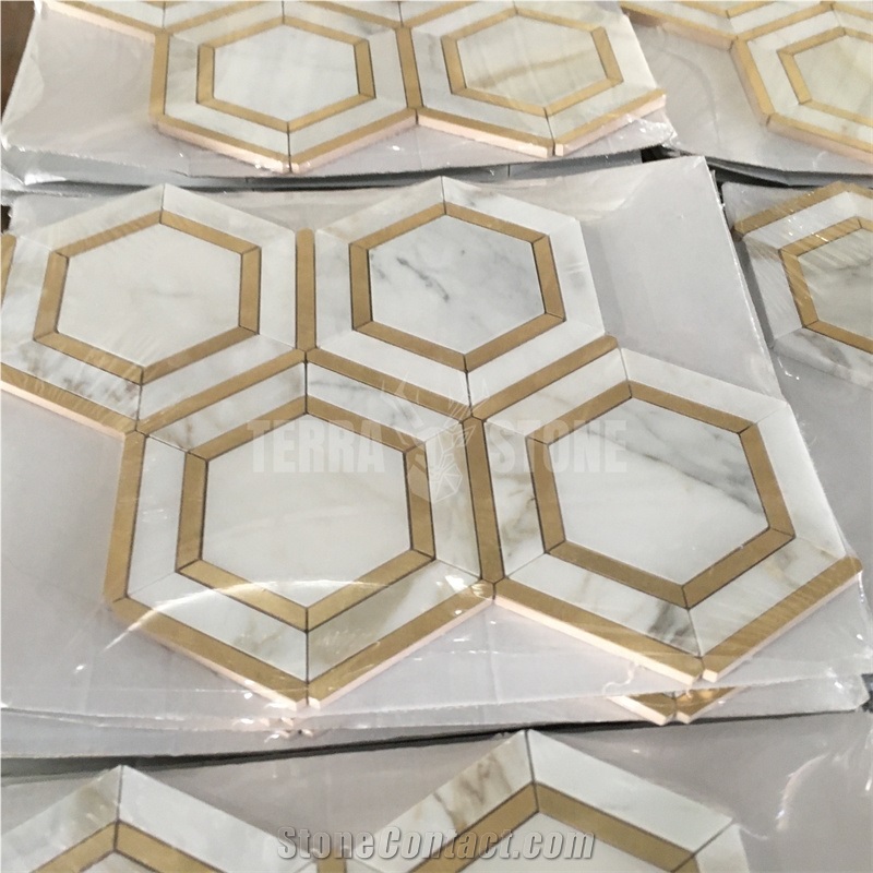 Calacatta Gold Hexagon Marble Mosaic Tile With Brass Inlay