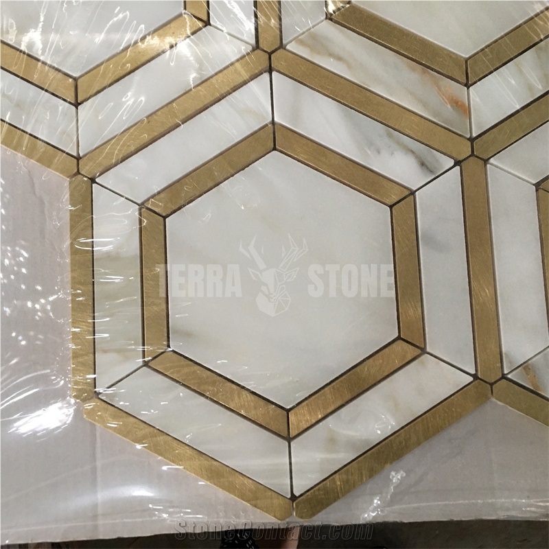 Calacatta Gold Hexagon Marble Mosaic Tile With Brass Inlay