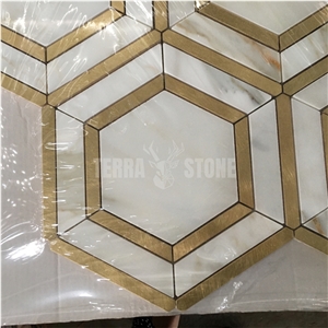 Calacatta Gold Hexagon Marble Mosaic Tile With Brass Inlay