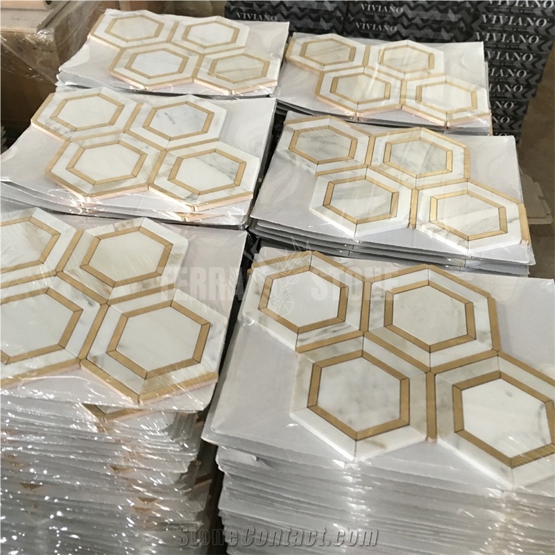 Calacatta Gold Hexagon Marble Mosaic Tile With Brass Inlay