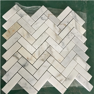 Calacatta Gold Marble Herringbone 1"X2" Mosaic Tiles